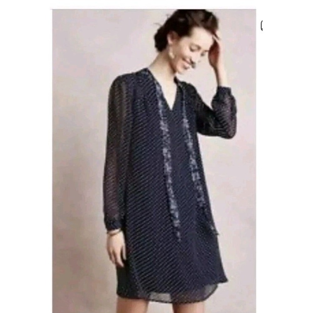 Anthropologie 11 1 Tylho Isla Navy Polka Dot Floral  Sheer Tie Neck Dress Size M